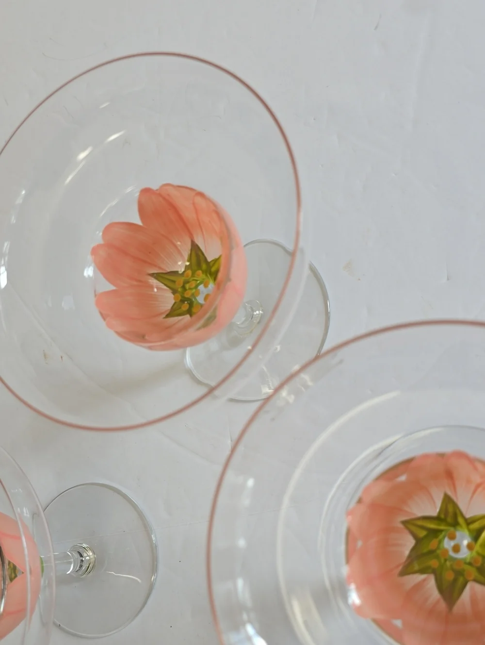 Vintage MCM Tiki Set Of 3 Handpainted Pink Tulip Margarita Stemware Glasses